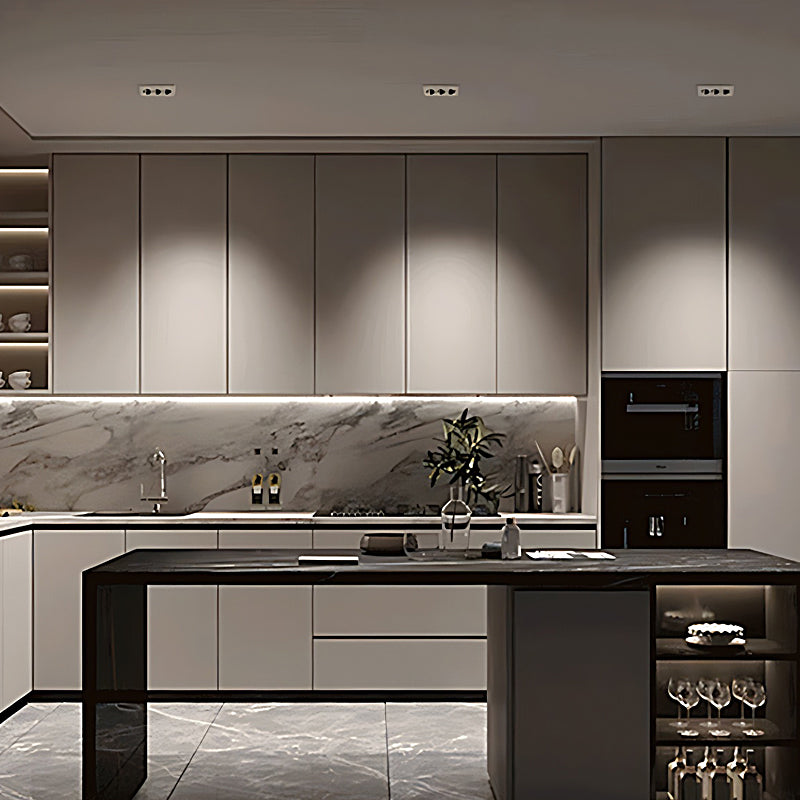 LED spotlights bulbs in a linear arrangement, front view of the sleek design.