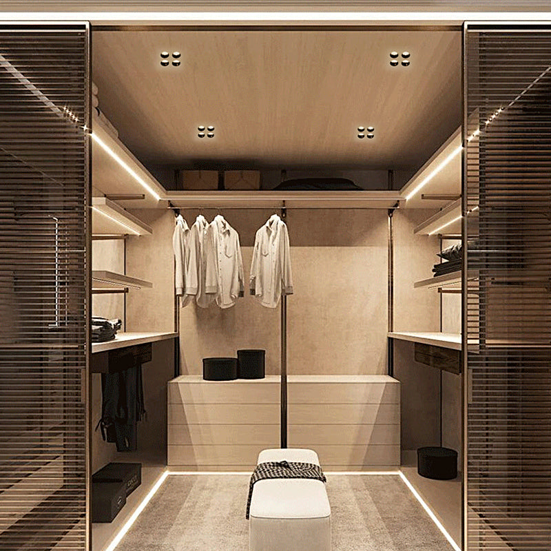 LED spotlights bulbs in a linear arrangement, side view of the minimalist design.