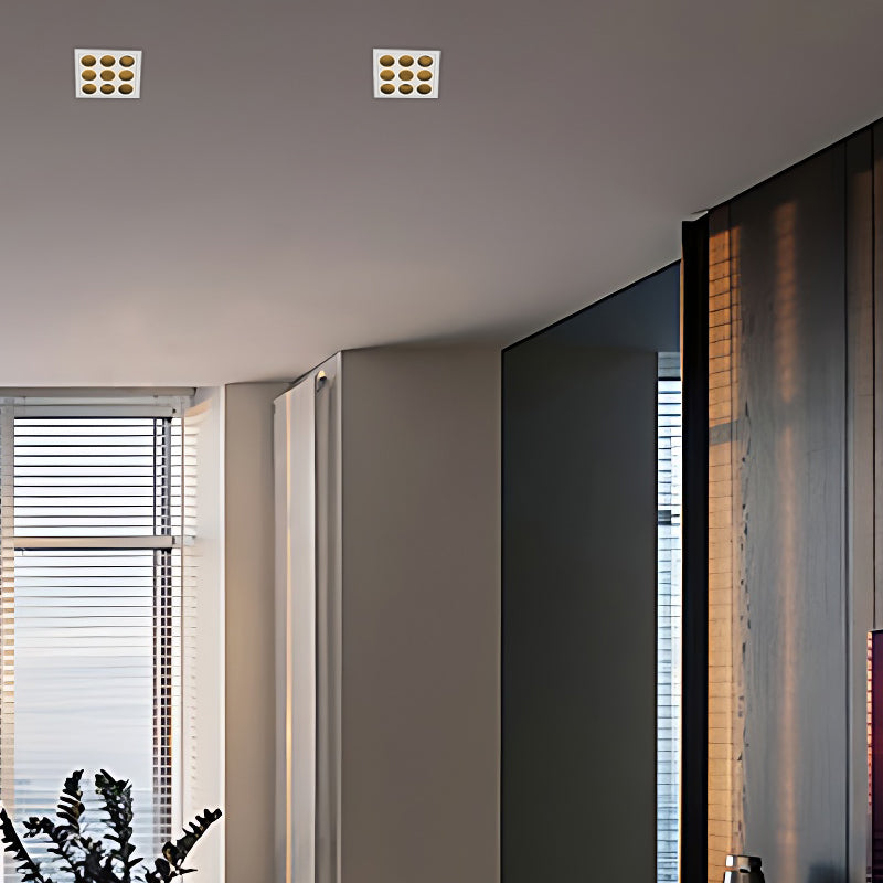 LED spotlights bulbs in a square arrangement, front view of the modern design.