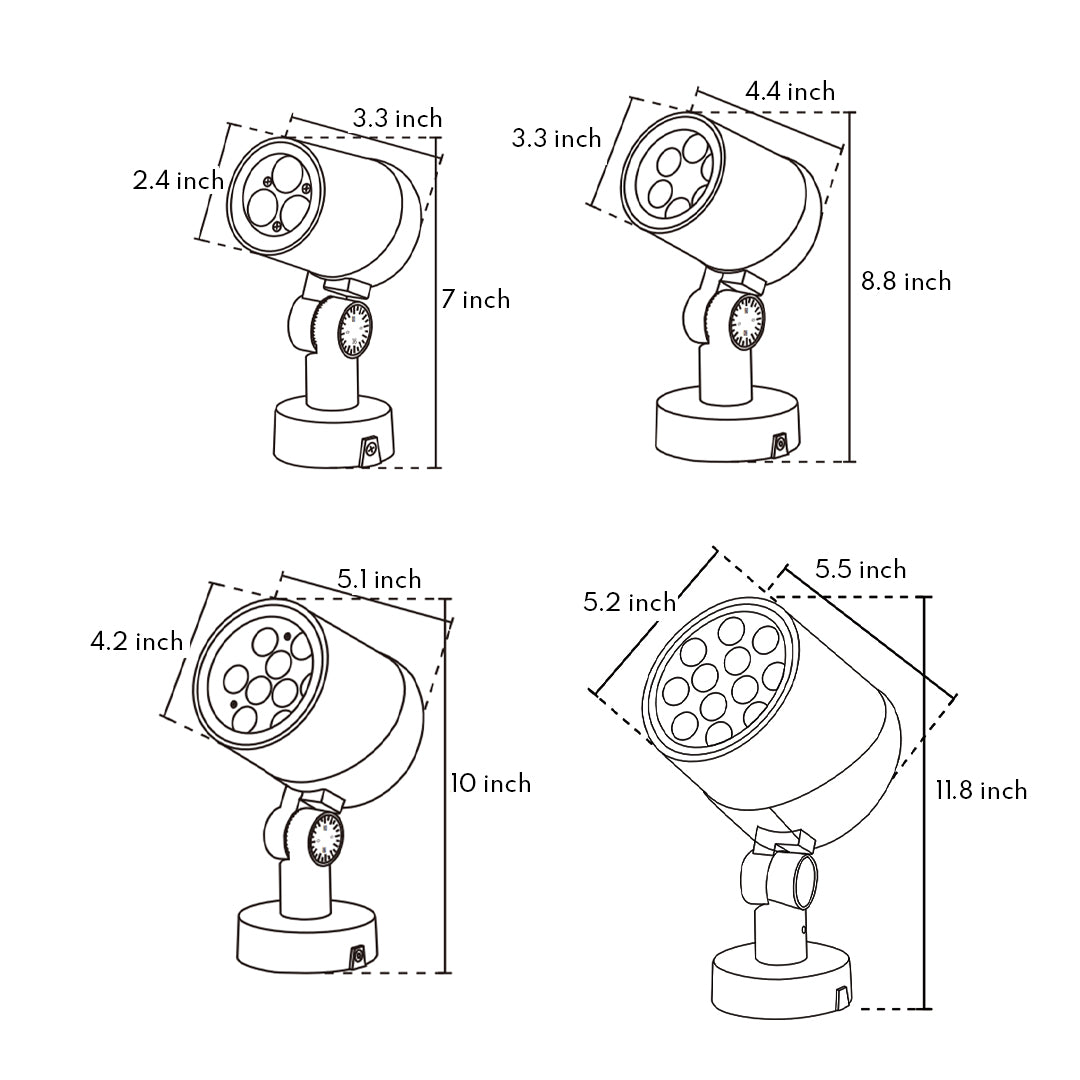 Technical diagram of LED spotlights outdoor showing beam patterns and installation specifications