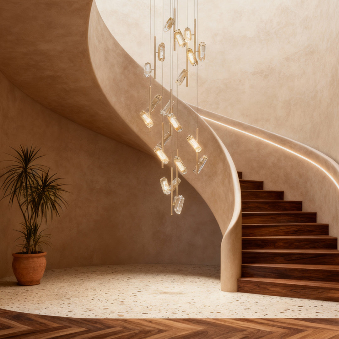 Led staircase chandelier illuminating elegant curved stairwell with warm ambient glow in contemporary interior