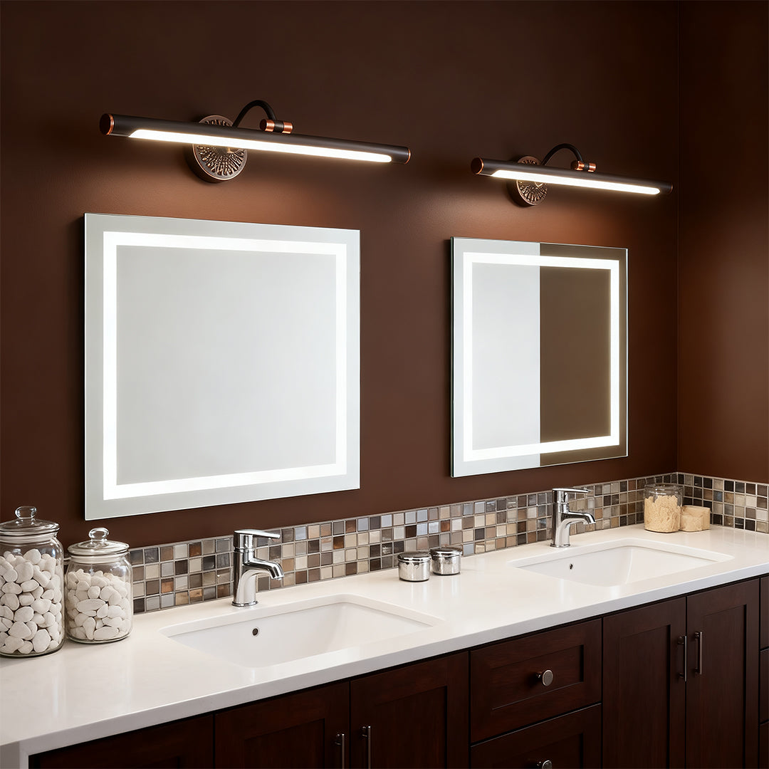 LED vanity bathroom lights with a brass finish, positioned above a dresser for functional and decorative lighting