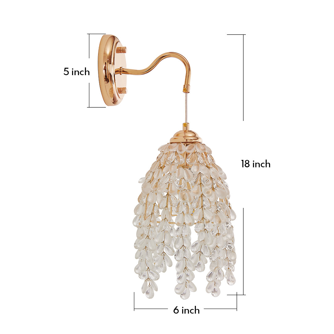 LED wall light decor with glass shade chandelier inspired design featuring gold curved arm and cascading crystal droplet fixture.