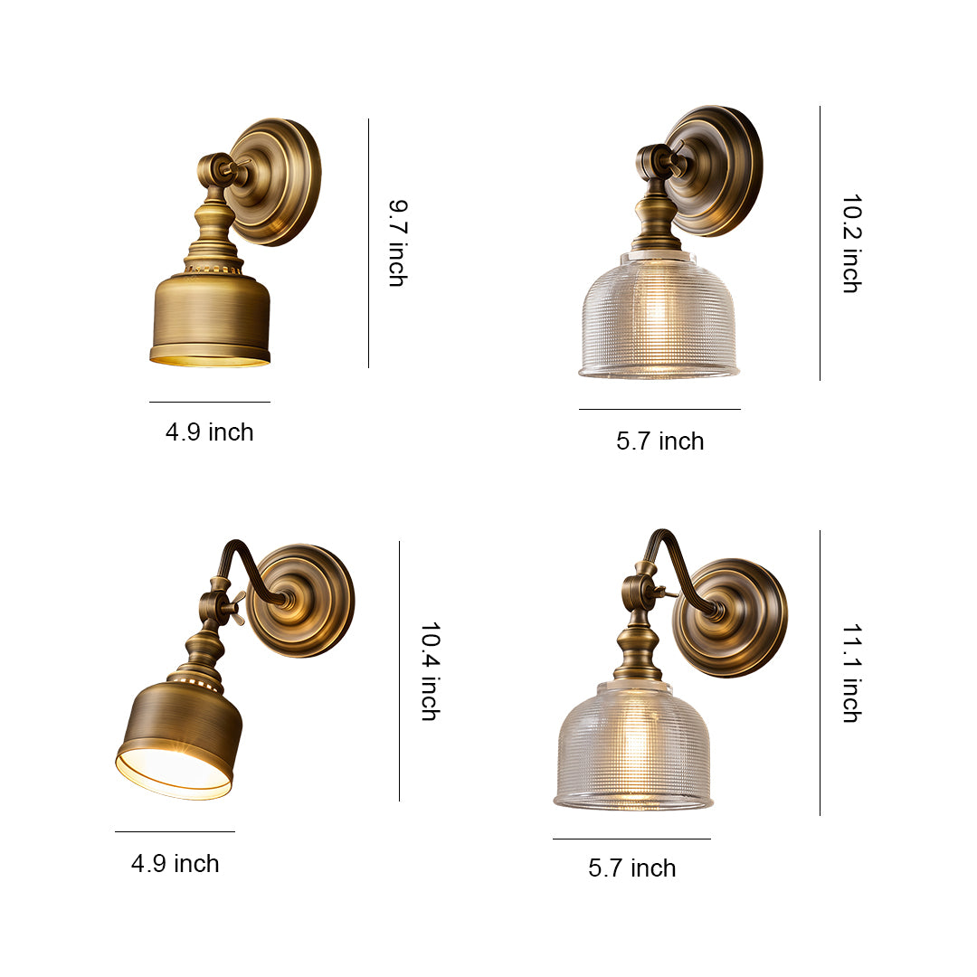 LED wall light lamp with glass shade chandelier inspired design showing four styles in vintage brass with various shade options.