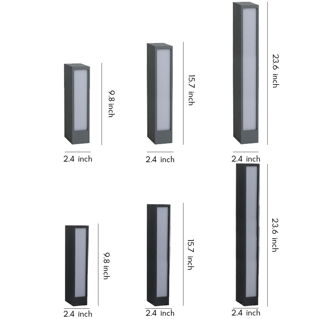 Multiple slim rectangular led wall light outdoor fixtures displayed in various angles on a white background.