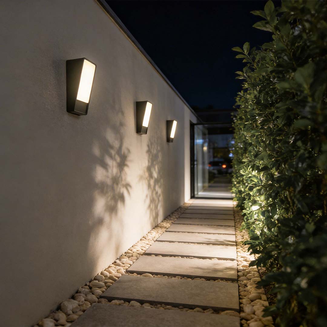 LED wall light outdoor waterproof with a close-up of its sleek design on a stone wall.