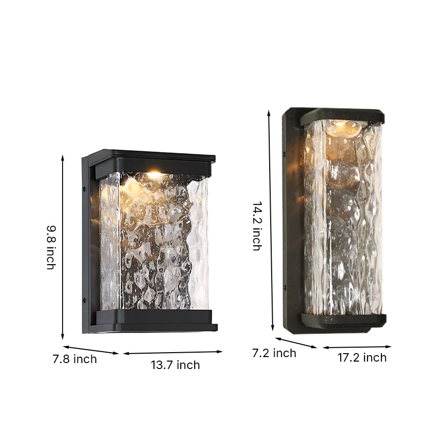 Technical specification diagram showing dimensions of LED outdoor wall light models