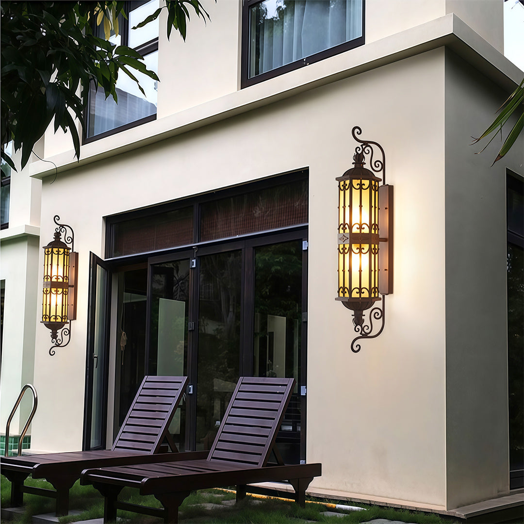 LED wall light with a traditional design mounted near a door, offering both style and illumination.