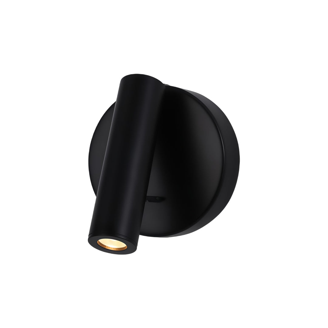 Modern black LED wall reading light featuring adjustable spotlight and circular wall backplate design.
