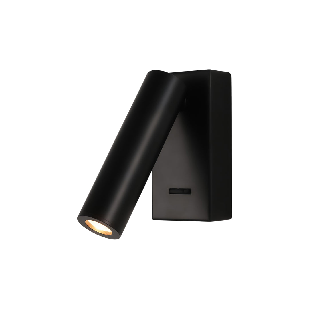 Minimalist black LED wall reading light featuring angled spotlight and sleek rectangular backplate.