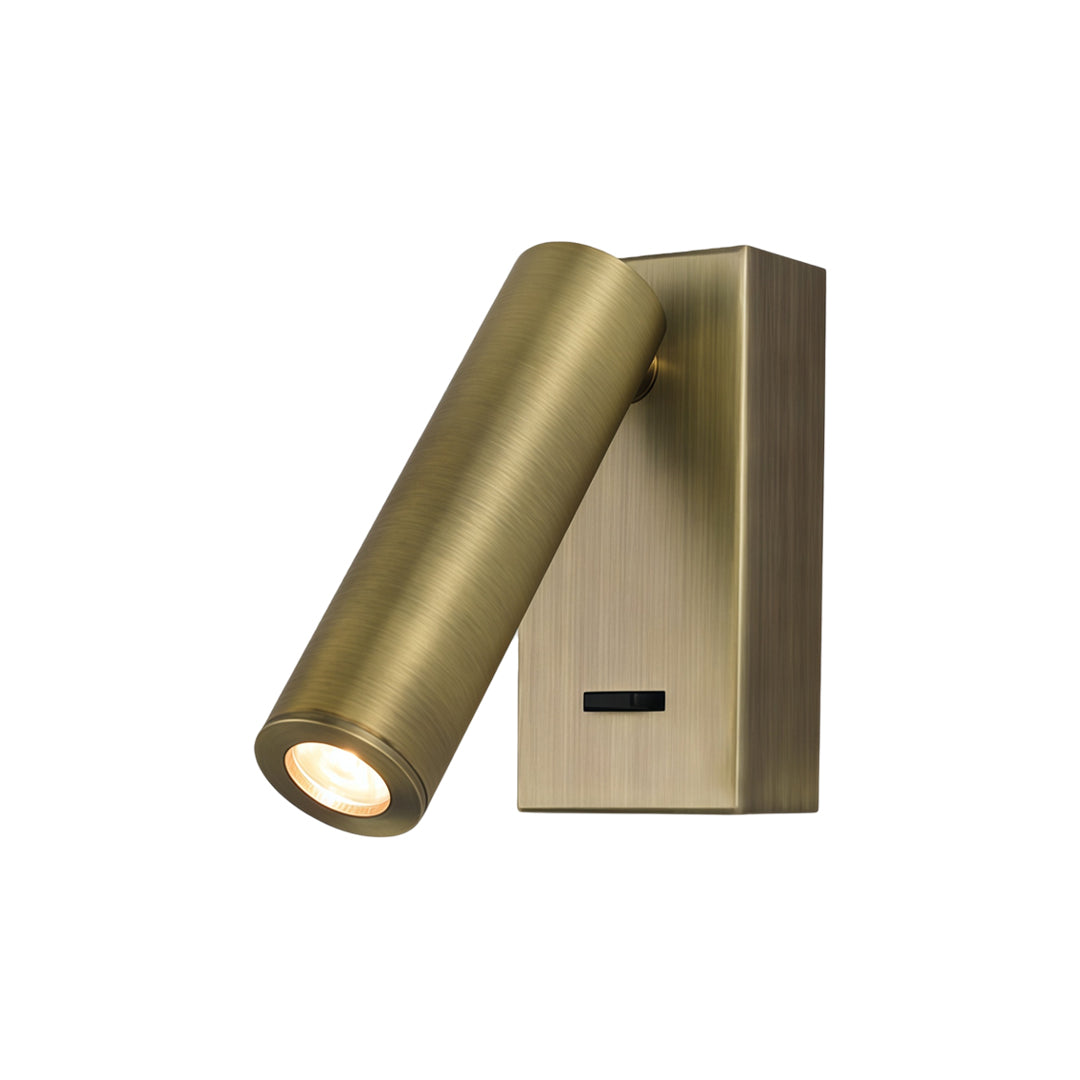Elegant brass LED wall reading light with brushed metal finish and modern adjustable spotlight.
