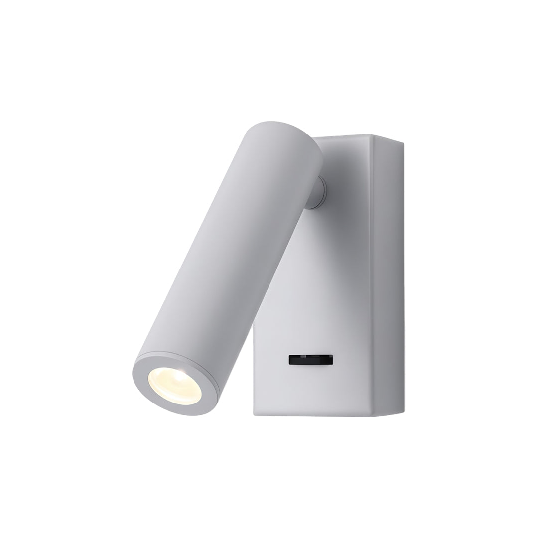 Stylish white LED wall reading light with rectangular backplate and adjustable spotlight fixture.