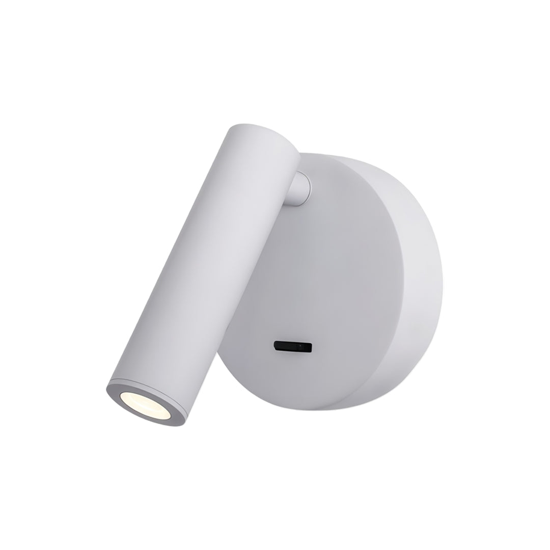 Minimalist white LED wall reading light with cylindrical spotlight and round wall mounting plate.