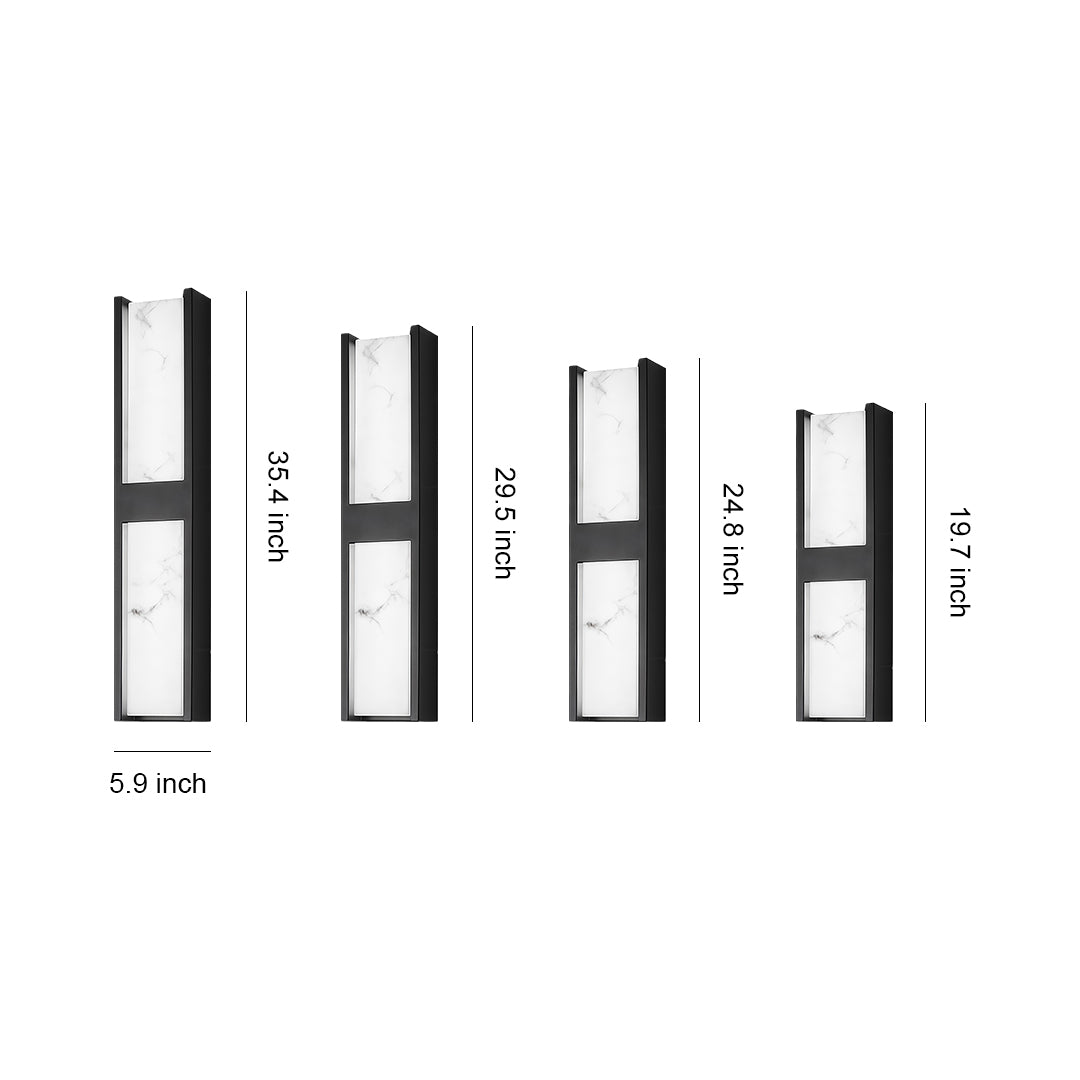 LED wall sconce light fixtures with glass shade chandelier inspired design showing multiple sizes in vertical H-shaped form with dimensions.