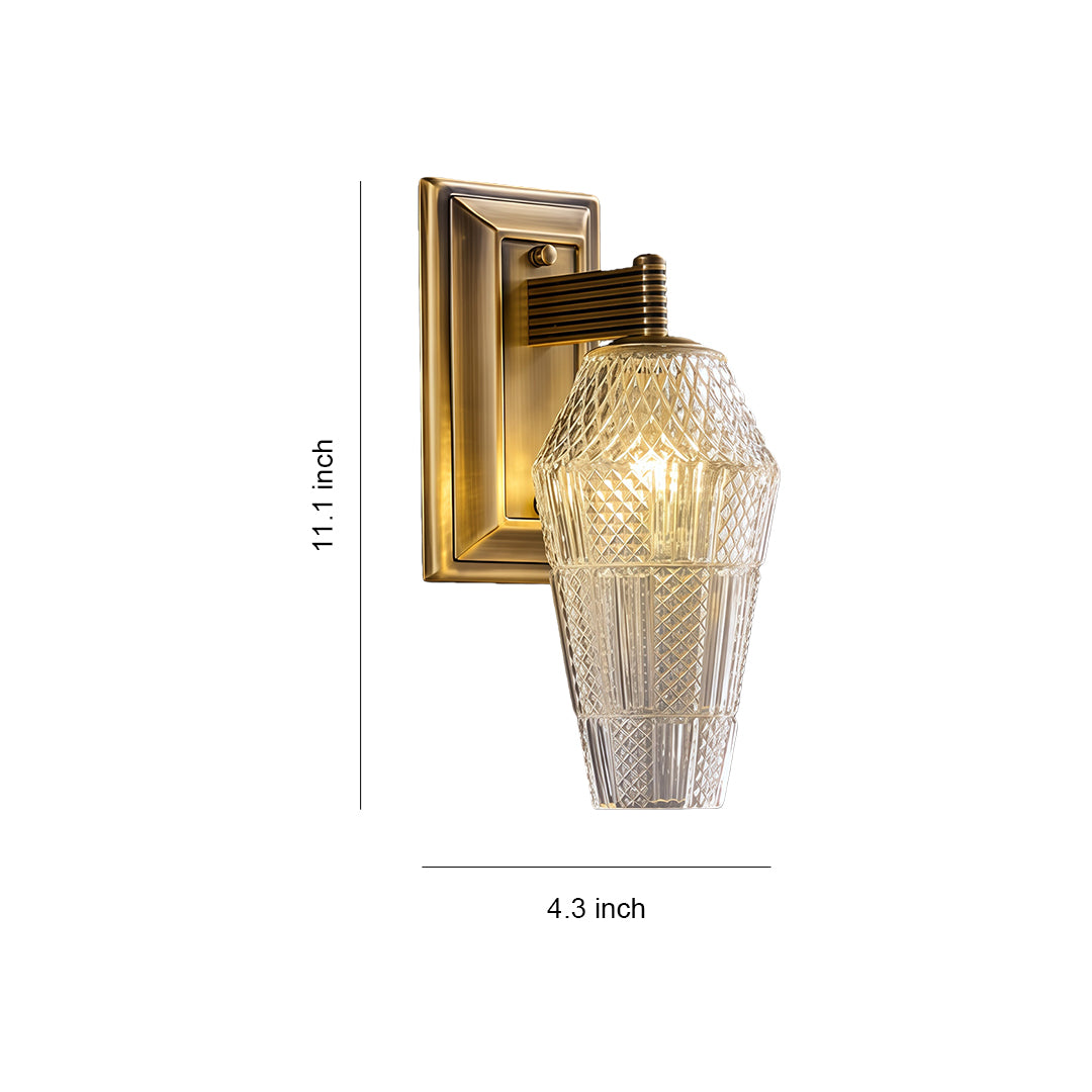 LED wall sconce lights with glass shade chandelier inspired design featuring textured crystal glass shade in gold metal frame.