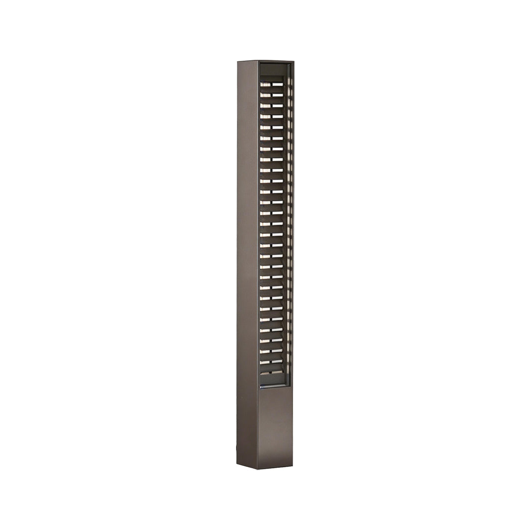 LED wall sconce outdoor bollard light isolated on white background, slim rectangular outdoor pathway fixture.