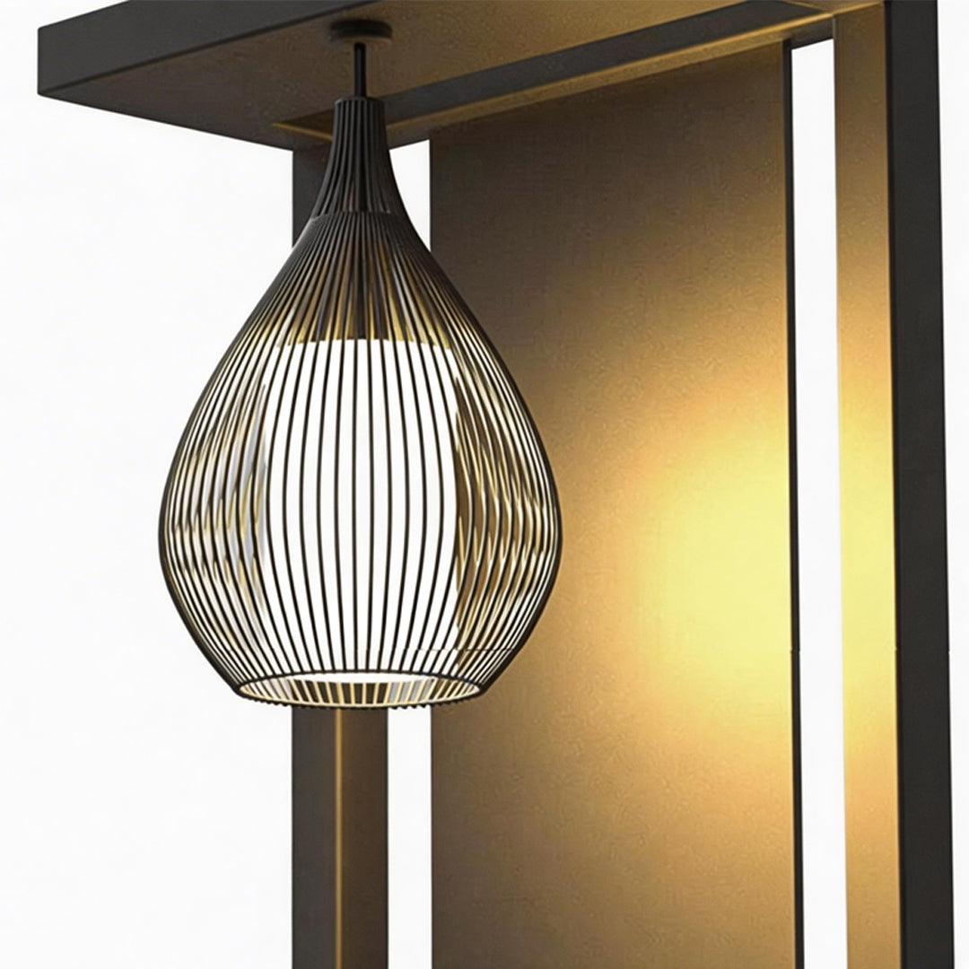 LED wall sconce outdoor outdoor wall mount light LED close-up of modern cage pendant style fixture detail.