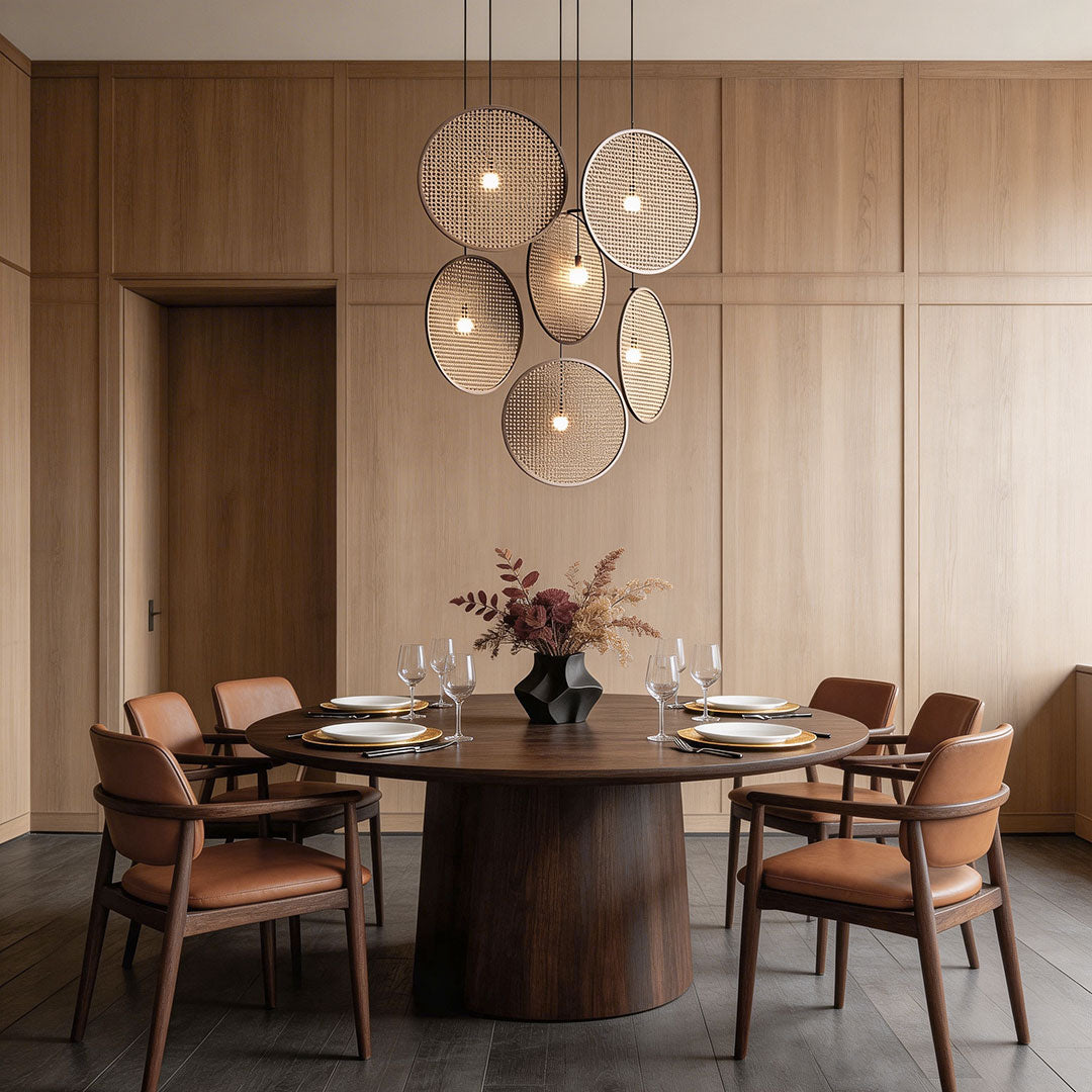 LED wall sconce outdoor decorative pendant lighting above dining table with natural woven shade design.