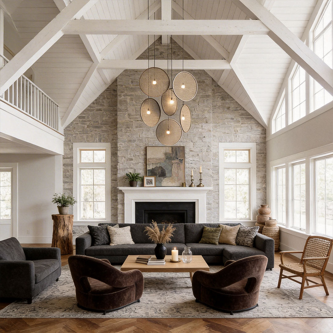 LED wall sconce outdoor decorative pendant lighting in high ceiling space with multiple woven fixtures.
