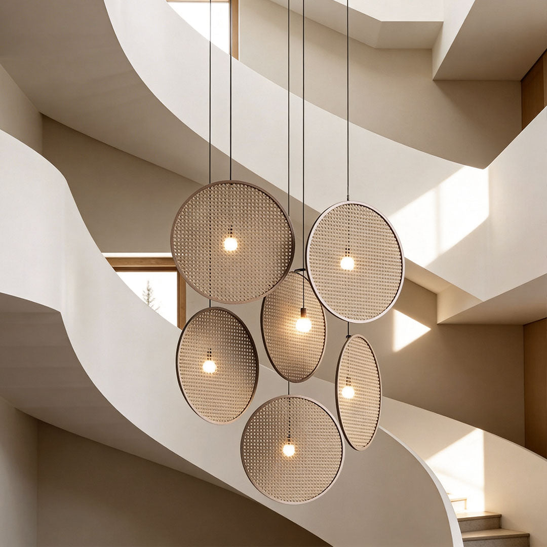 LED wall sconce outdoor decorative pendant lighting with woven circular shades in modern stairwell interior.