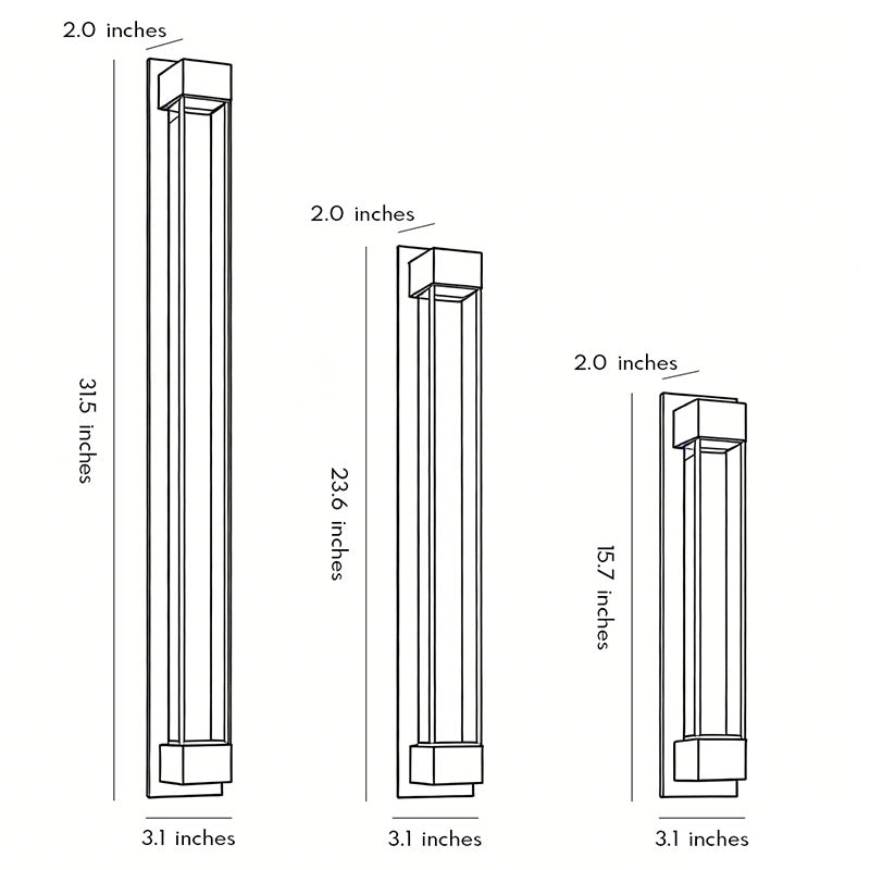 LED wall sconce outdoor dimension diagram showing multiple sizes of vertical exterior wall lighting fixtures.