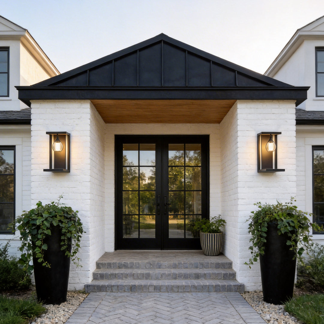 LED wall sconce outdoor outdoor wall mount light LED at front entrance, stylish lantern fixtures enhancing doorway.