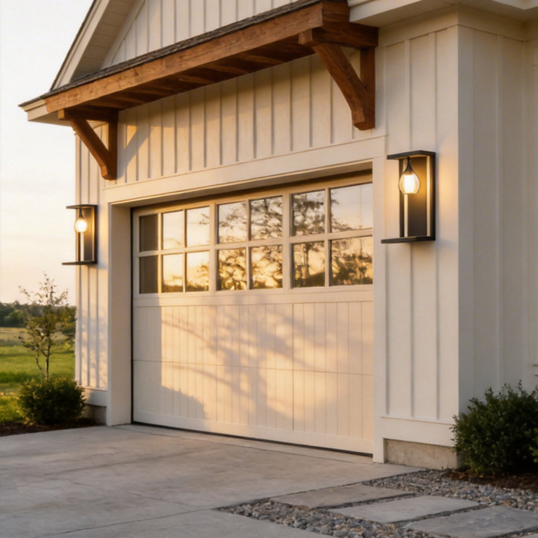LED wall sconce outdoor outdoor wall mount light LED installed beside garage door, modern farmhouse exterior lighting.