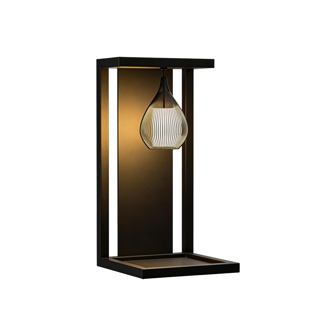 LED wall sconce outdoor outdoor wall mount light LED isolated product view with open frame lantern design.