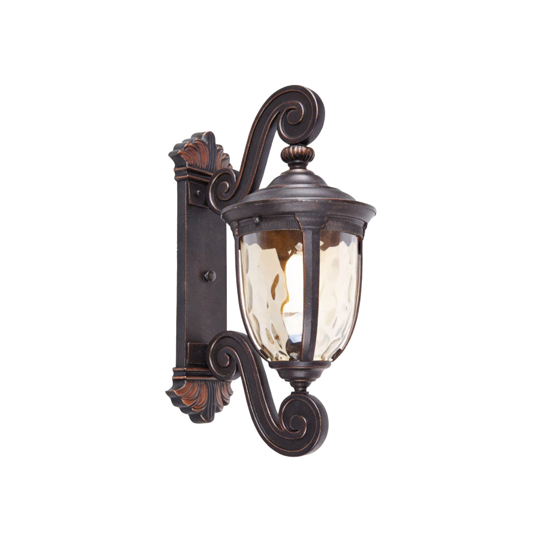 LED wall sconce outdoor lantern wall lights outdoor detail of curved metal arm with vintage bronze texture.