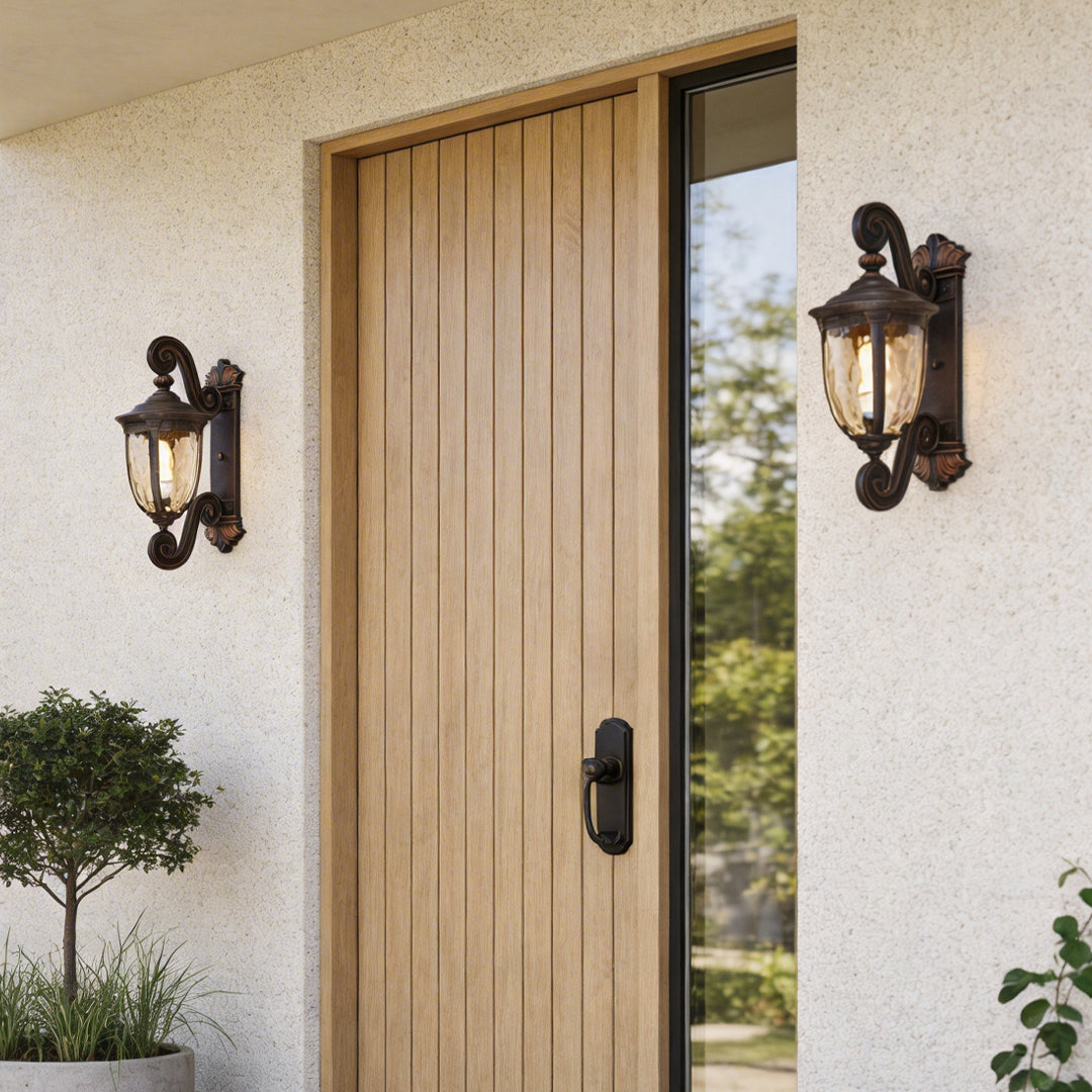 LED wall sconce outdoor lantern wall lights outdoor beside front door, traditional style with warm glow.