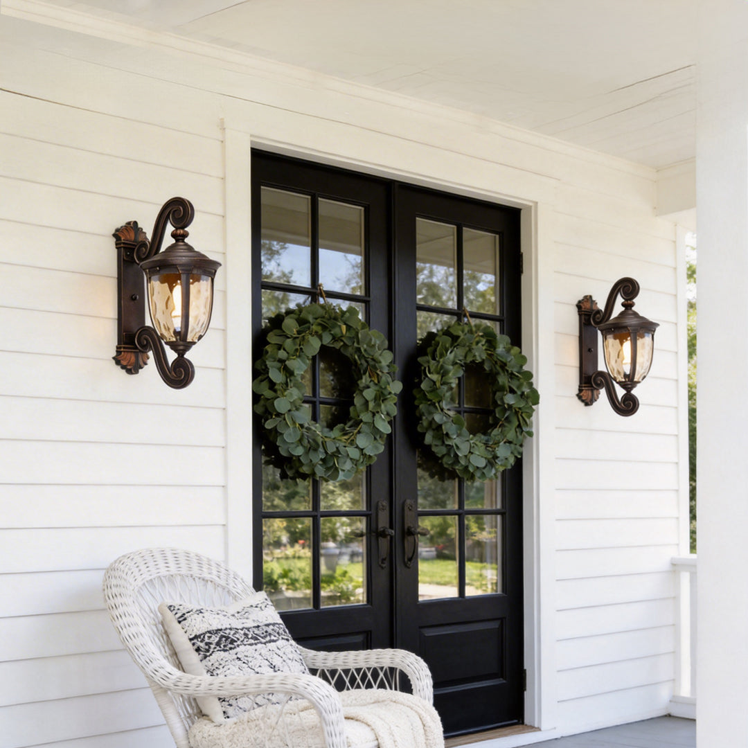 LED wall sconce outdoor lantern wall lights outdoor on porch wall, classic design enhancing outdoor seating area.
