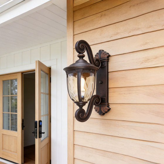 LED wall sconce outdoor lantern wall lights outdoor mounted on wood siding with classic bronze finish.