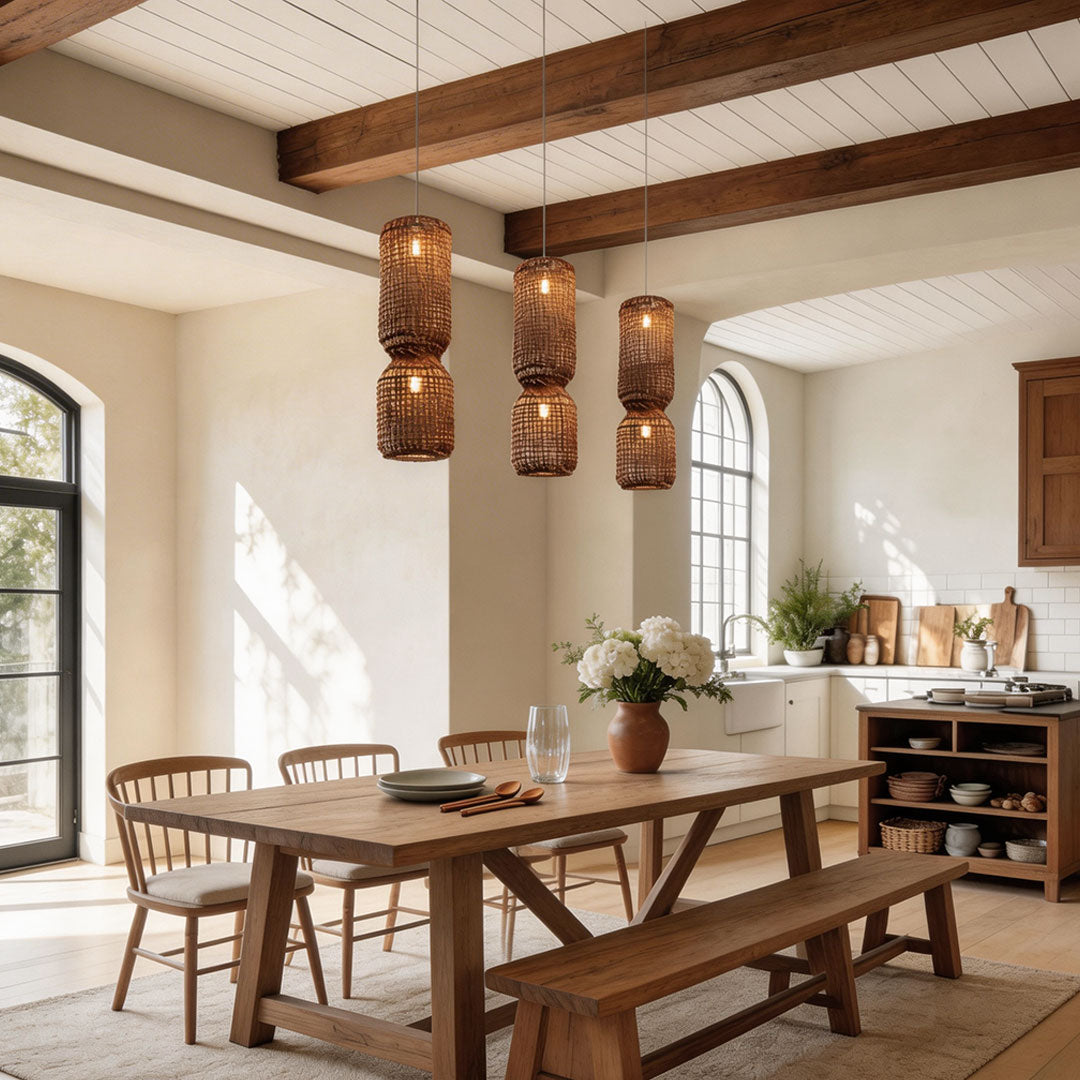 LED wall sconce outdoor large modern pendant light fixtures above dining table with rustic wood interior style.