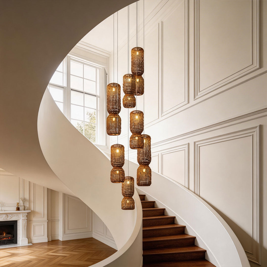 LED wall sconce outdoor large modern pendant light fixtures cascading along staircase with elegant woven design.
