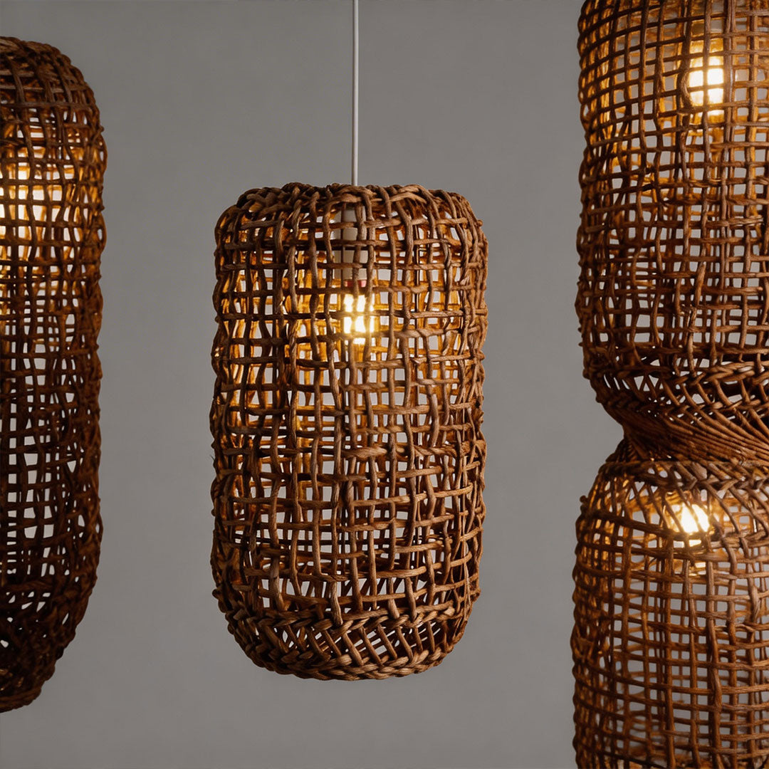 LED wall sconce outdoor large modern pendant light fixtures close-up showing woven rattan texture detail.