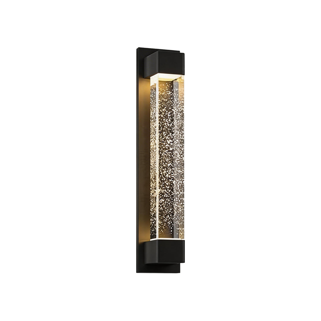 LED wall sconce outdoor long version isolated, minimalist black frame with tall bubble glass lighting tube.
