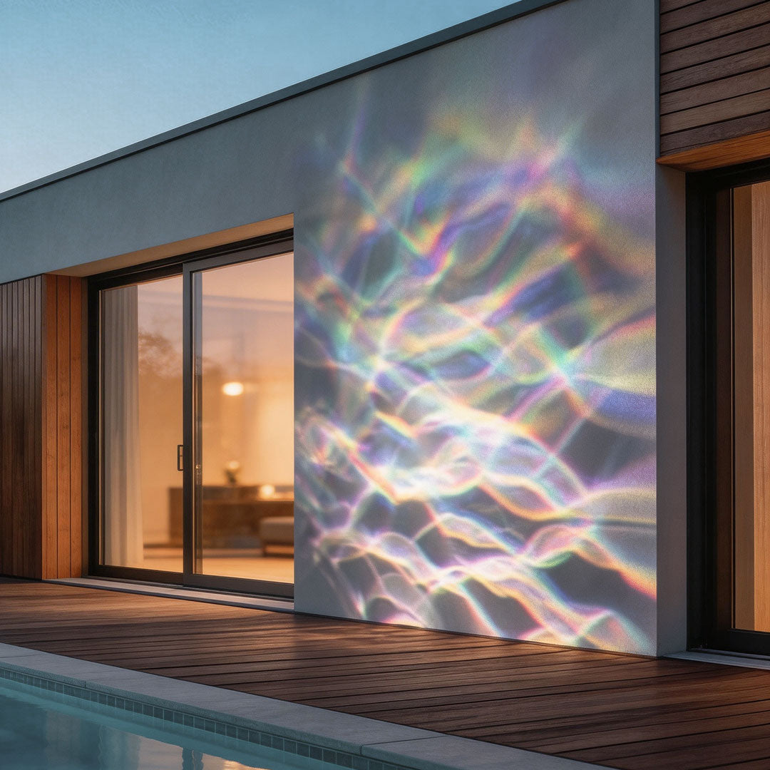 LED wall sconce outdoor outdoor spotlight LED projecting colorful water ripple effect on modern building facade.