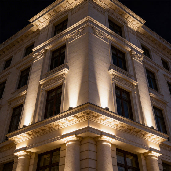 LED wall sconce outdoor outdoor spotlights LED illuminating building facade with dramatic architectural lighting.