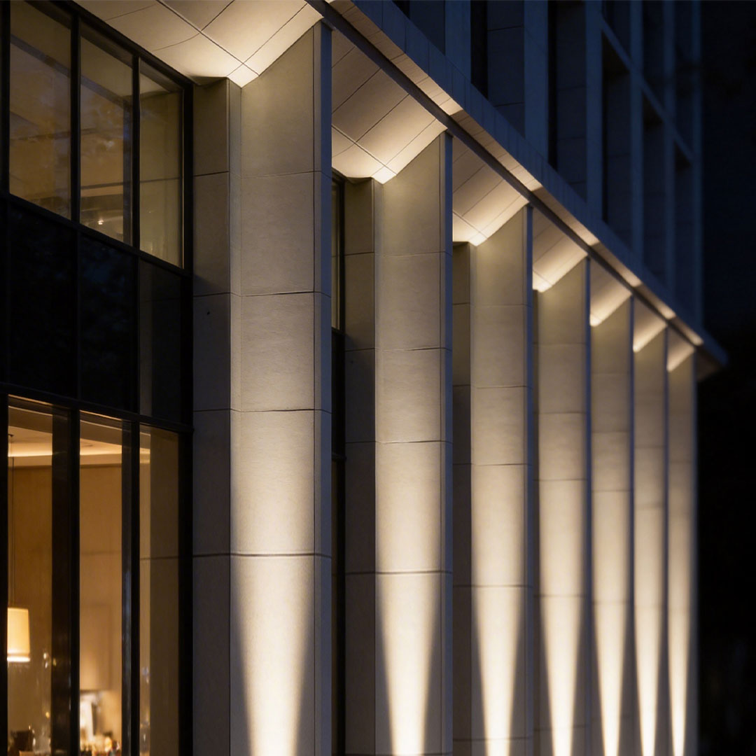 LED wall sconce outdoor outdoor spotlights LED installed on columns creating elegant architectural lighting design.