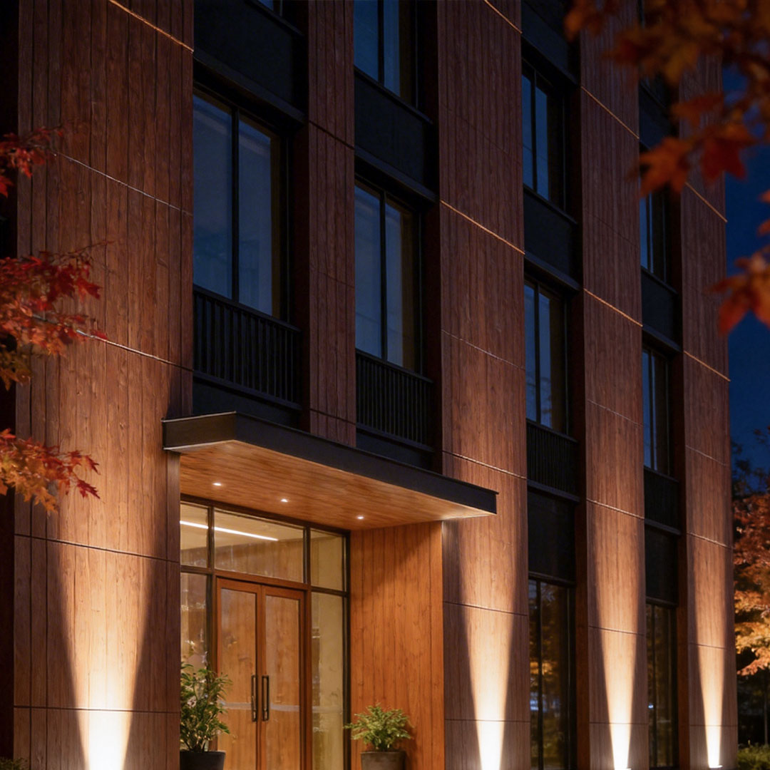 LED wall sconce outdoor outdoor spotlights LED highlighting modern exterior wall with warm vertical lighting effects.
