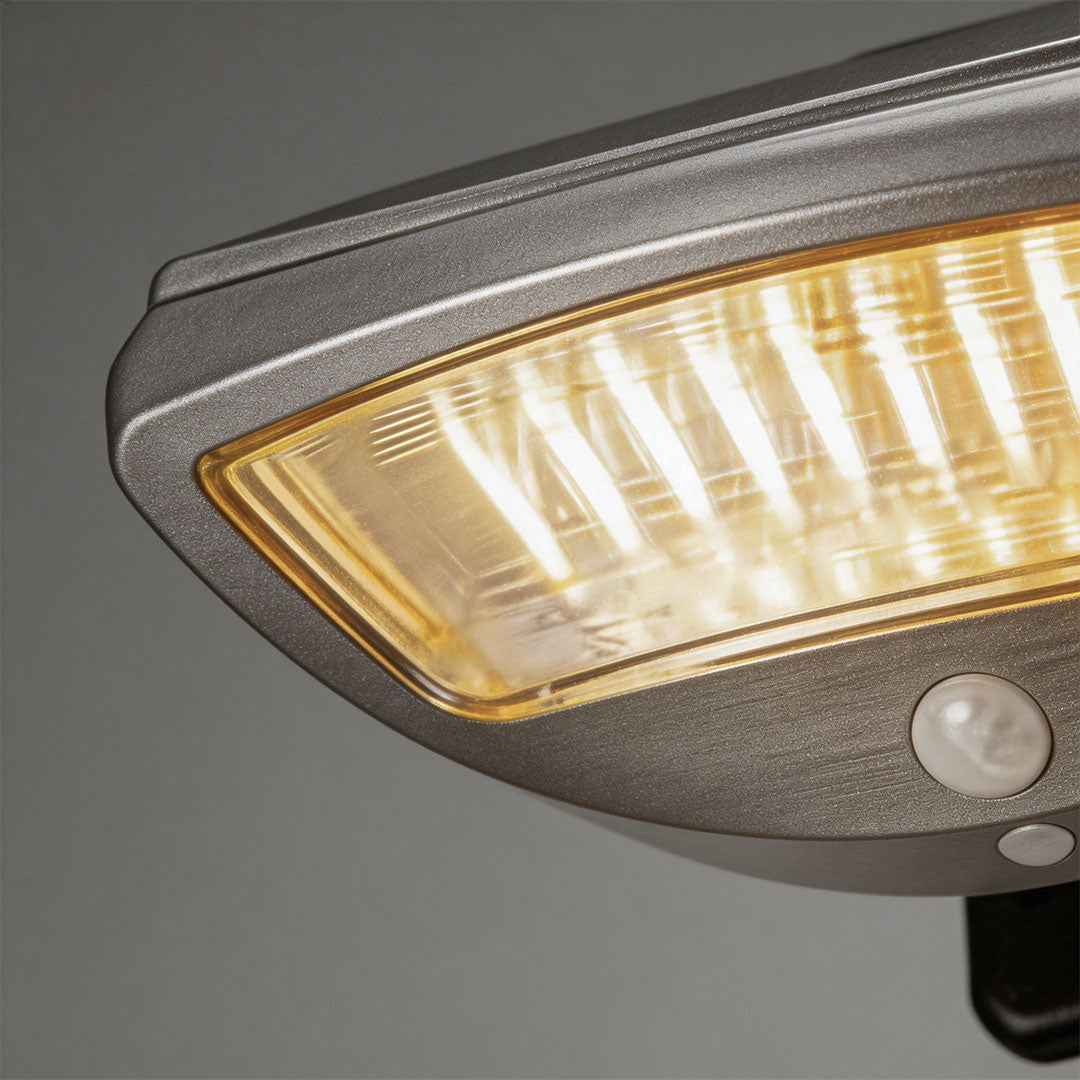 LED wall sconce outdoor outdoor wall mounted solar lights close-up showing LED panel and motion sensor detail.
