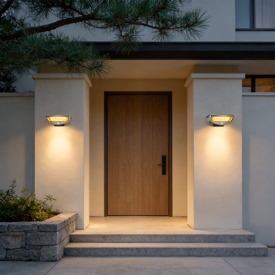 LED wall sconce outdoor outdoor wall mounted solar lights at front entrance providing soft automatic lighting.