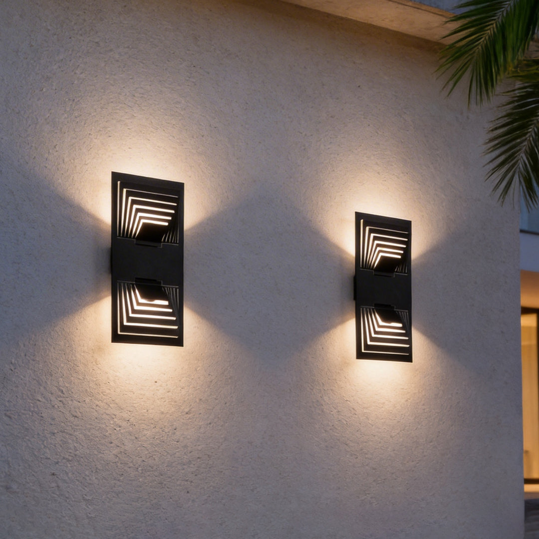 LED wall sconce outdoor wall mount outdoor light pair on exterior wall, layered design creating soft ambient lighting.