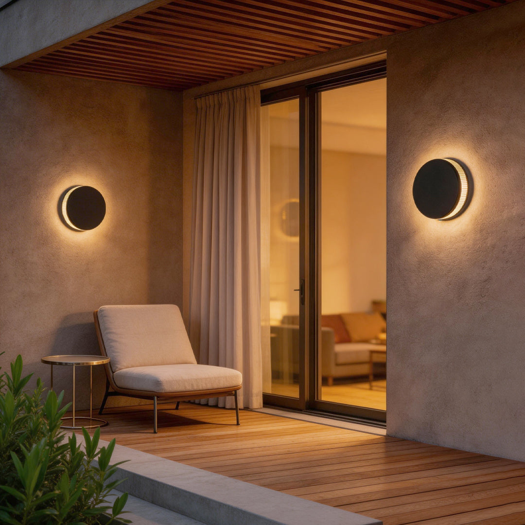 LED wall sconce outdoor on patio wall near sliding door, warm halo lighting enhancing cozy outdoor seating area.