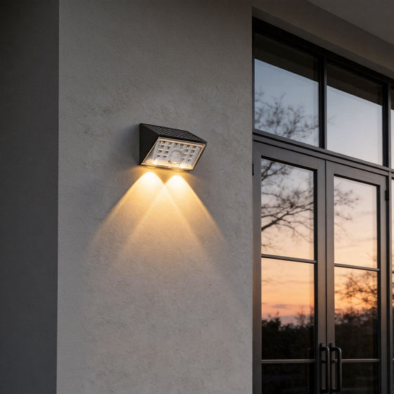 LED wall sconce outdoor sensor wall lights outdoor on exterior wall, modern fixture with automatic motion detection.