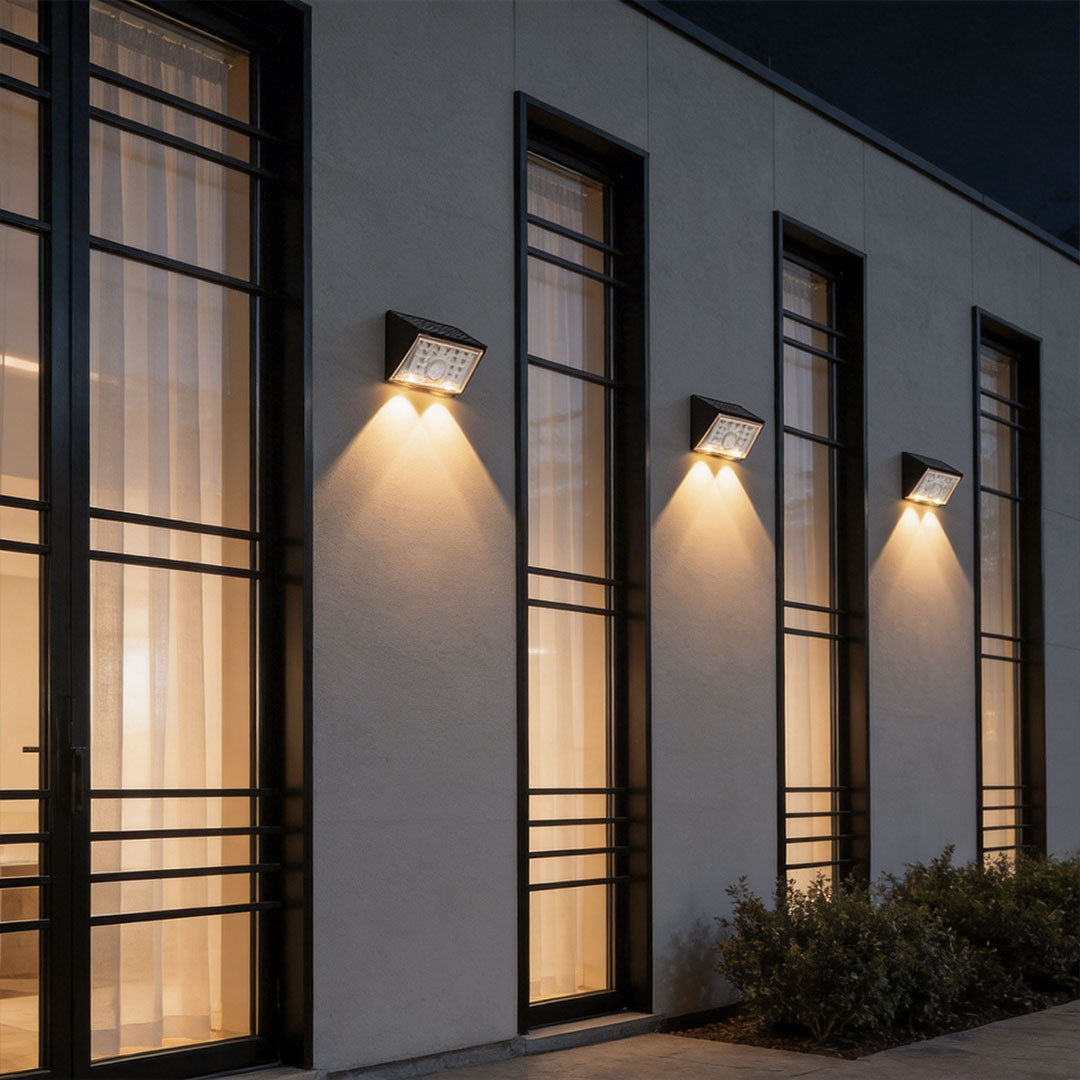 LED wall sconce outdoor sensor wall lights outdoor near patio seating, warm lighting activated by motion sensor.