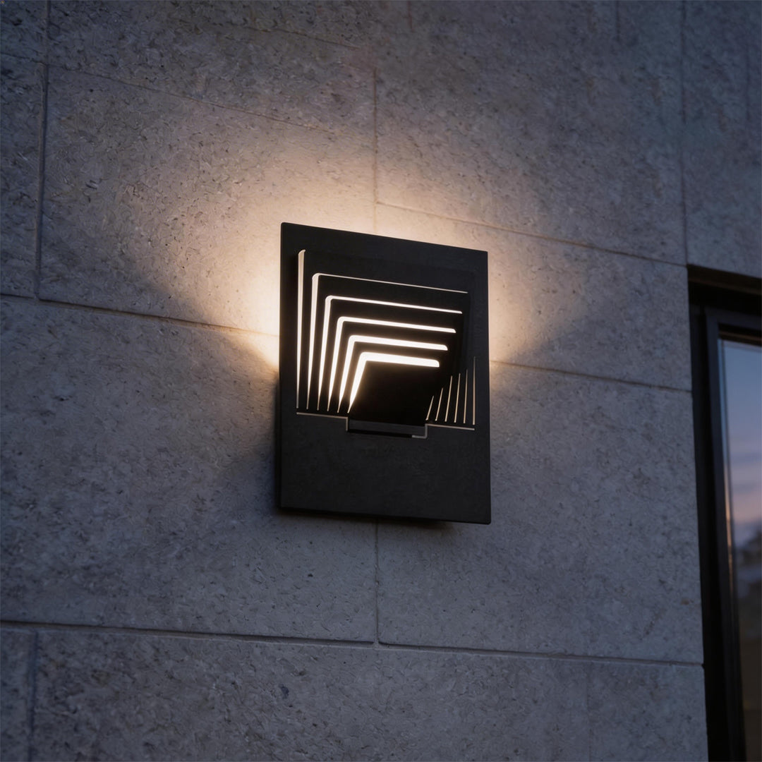 LED wall sconce outdoor square wall mount outdoor light with layered geometric design casting warm ambient glow.