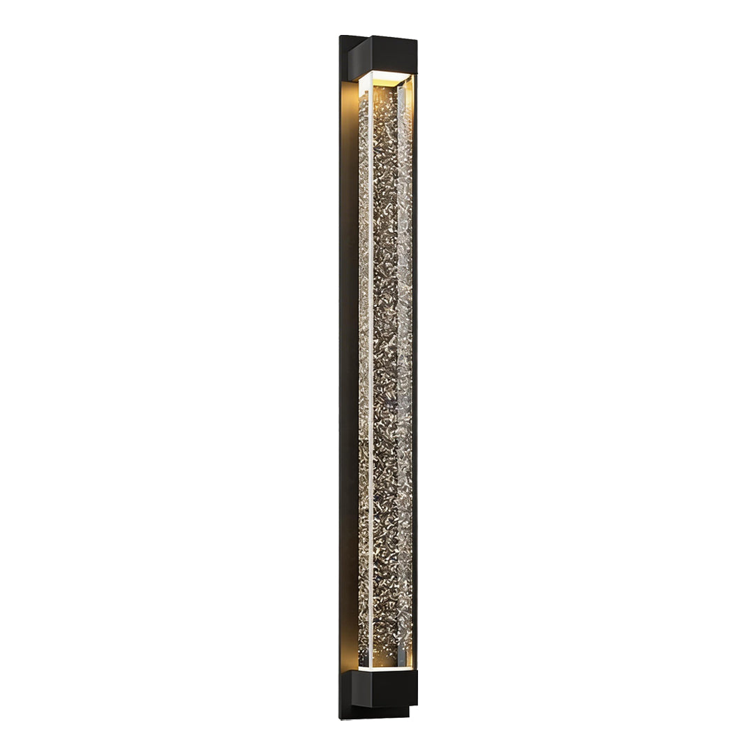 LED wall sconce outdoor tall narrow fixture, elegant vertical design with glowing bubble glass core.
