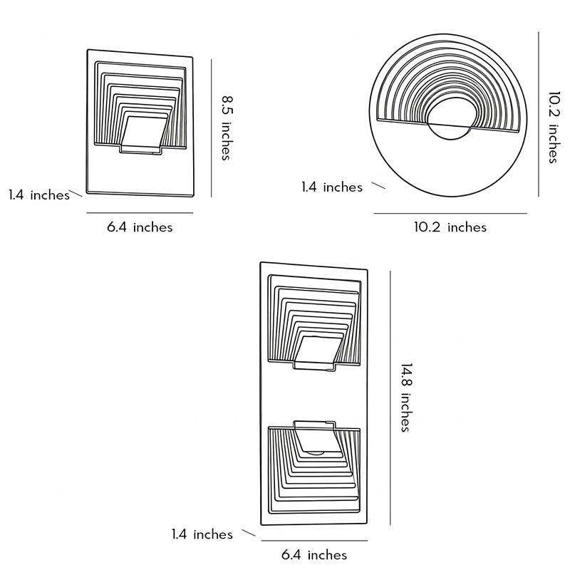 LED wall sconce outdoor wall mount outdoor light dimension diagram showing square and round fixture sizes.