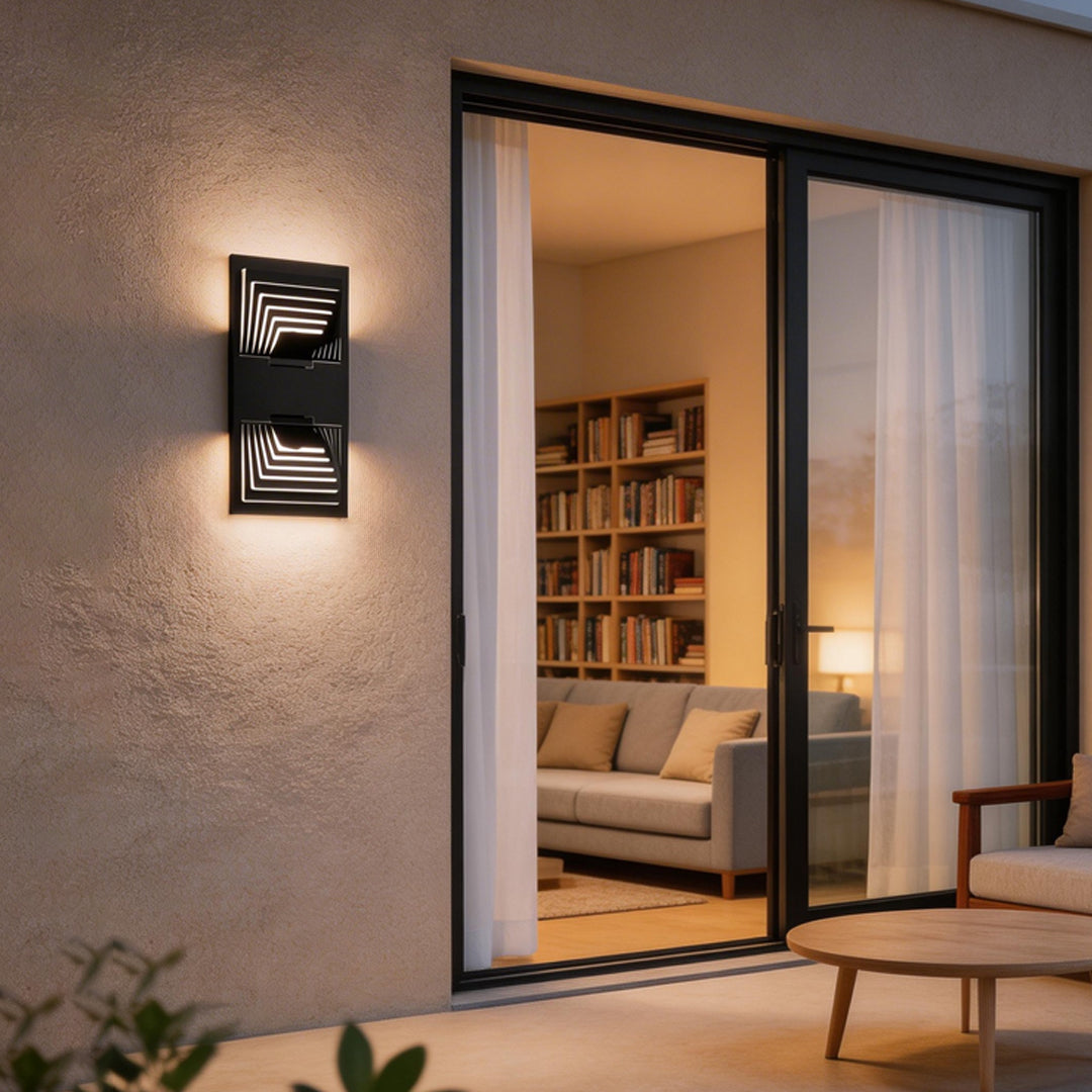 LED wall sconce outdoor wall mount outdoor light beside sliding door, modern black fixture with artistic light pattern.